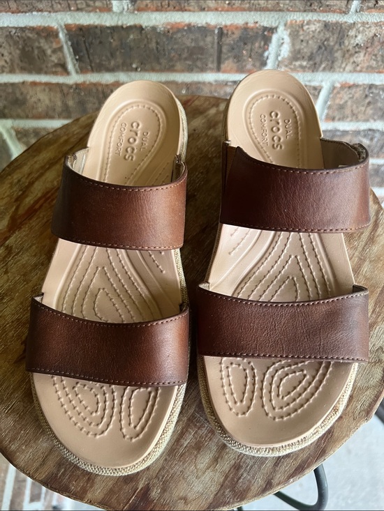 CROCS Shoes - CROCS Brown Leather-Look Double Strap Sandals